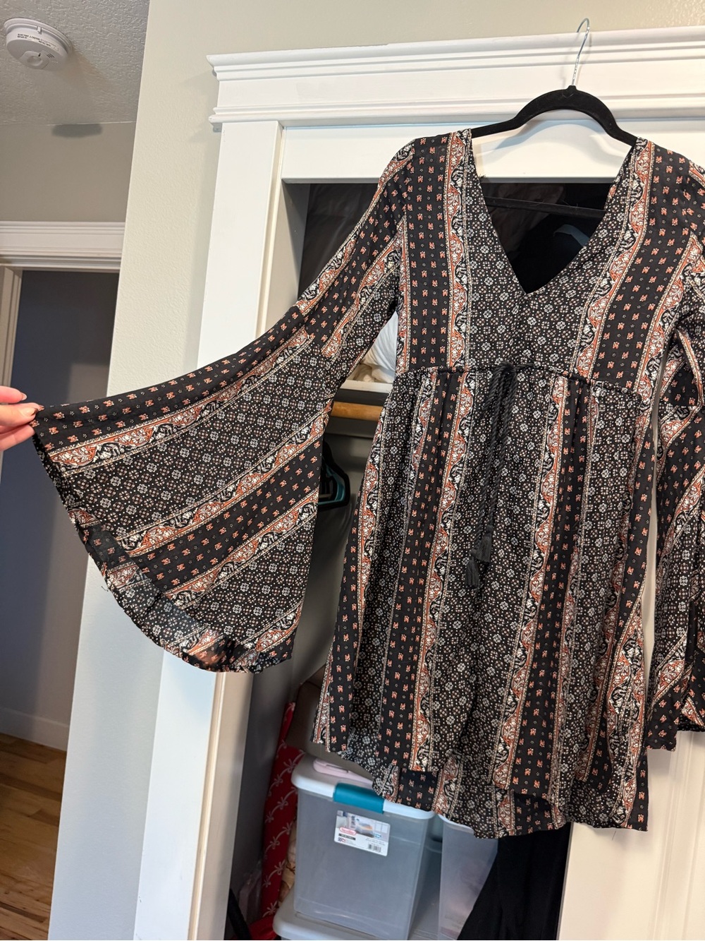 Boho Bell-Sleeve V-Neck Mini Dress in Black and Rust
